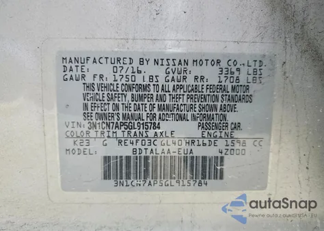 2016 Nissan Versa S z USA, uszkodzony, nr VIN 3N1CN7AP5GL915784